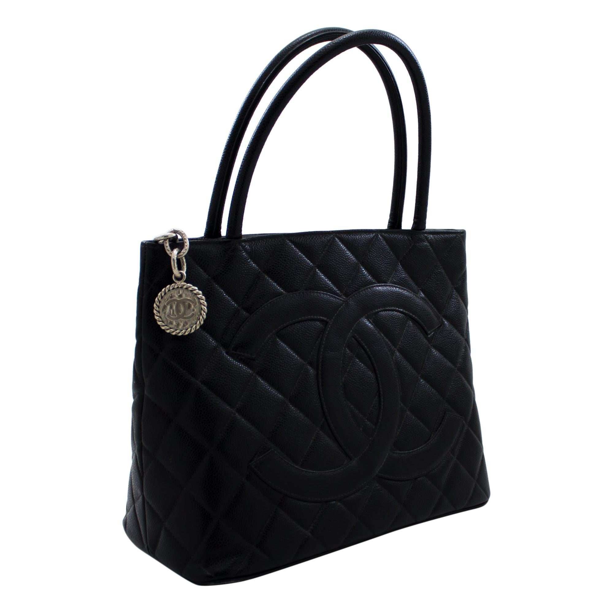 CHANEL Silver Medallion Caviar Shoulder Shopping Tote Bag Black Leather