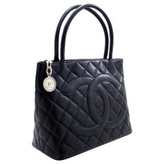 CHANEL Silver Medallion Caviar Shoulder Shopping Tote Bag Black Leather