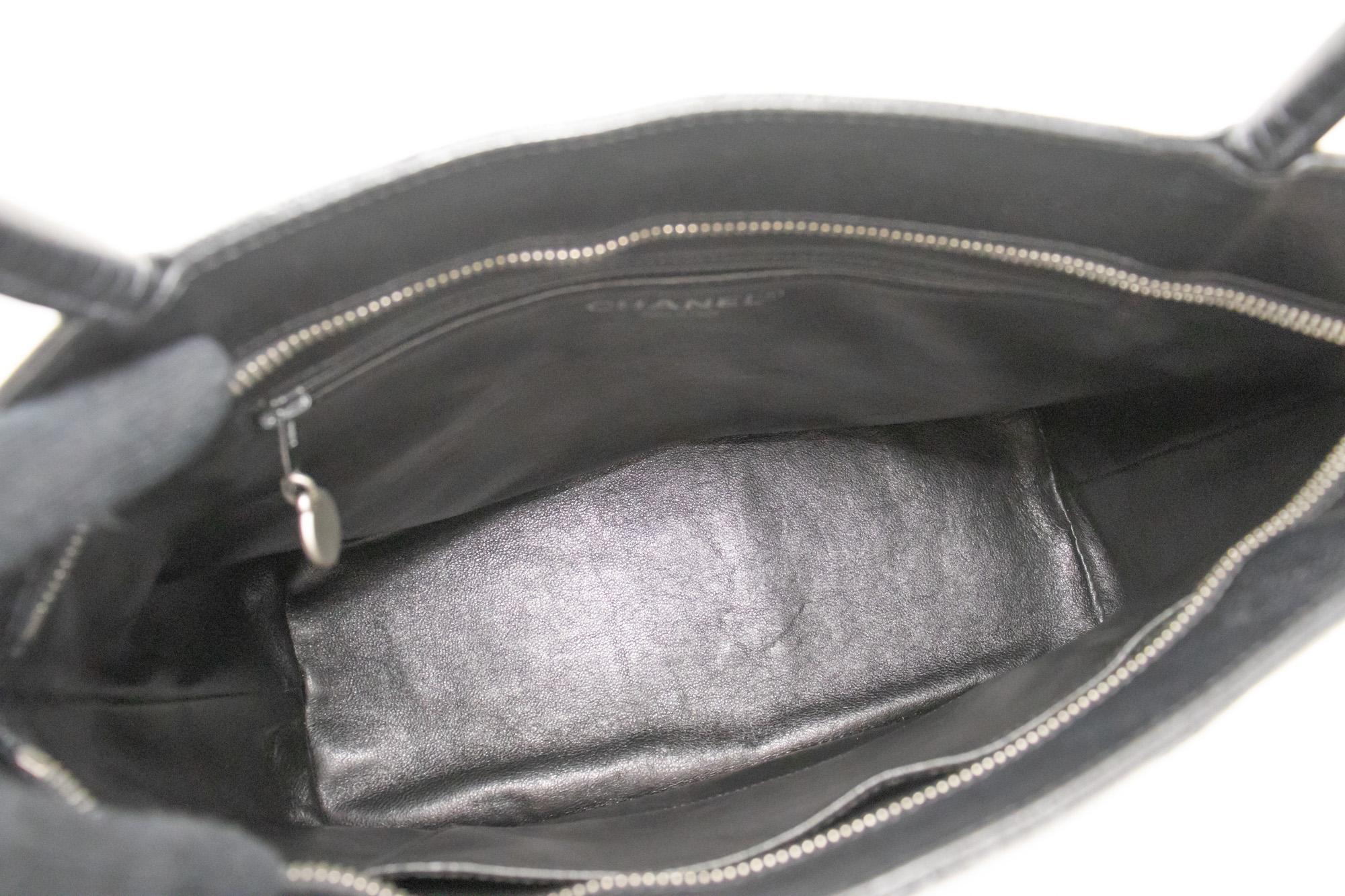 CHANEL Silver Medallion Caviar Shoulder Shopping Tote Bag Black SV 6