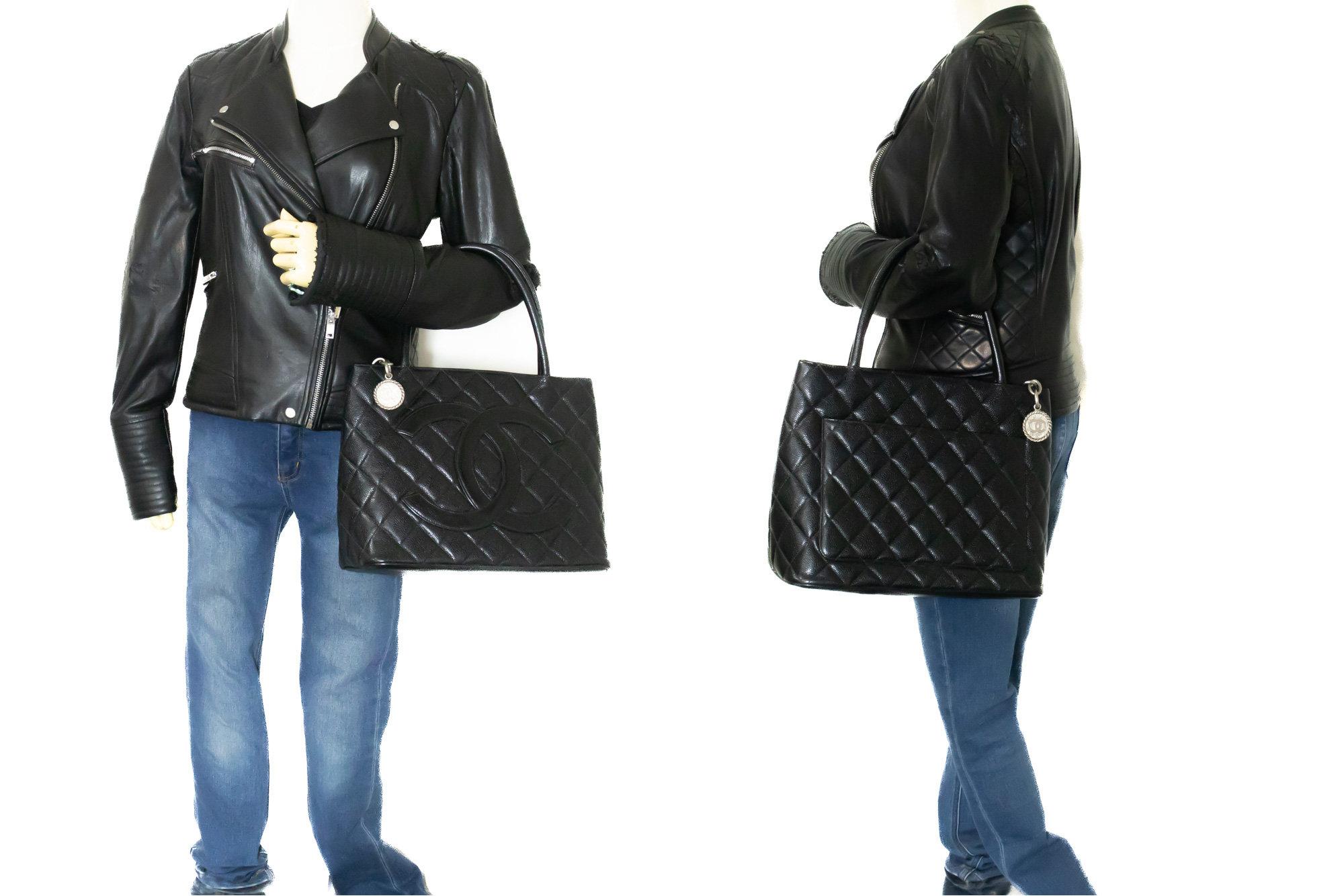 CHANEL Silver Medallion Caviar Shoulder Shopping Tote Bag Black SV For Sale 7