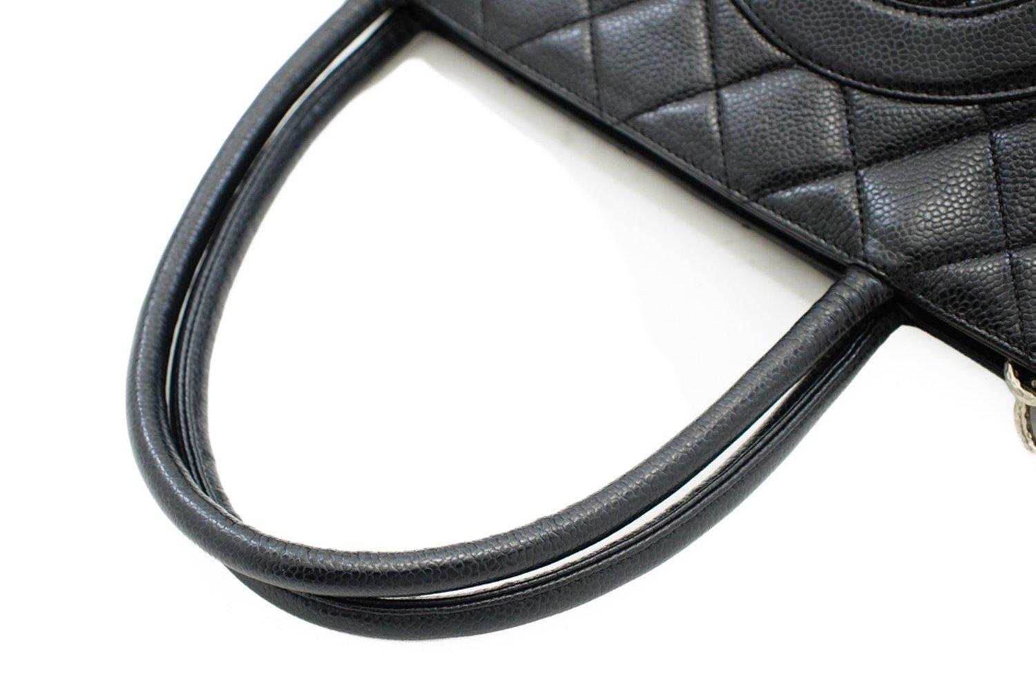 CHANEL Silver Medallion Caviar Shoulder Shopping Tote Bag Black SV 9