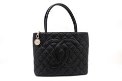 CHANEL Silver Medallion Caviar Shoulder Shopping Tote Bag Black SV