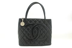 CHANEL Silver Medallion Caviar Shoulder Shopping Tote Bag Black SV
