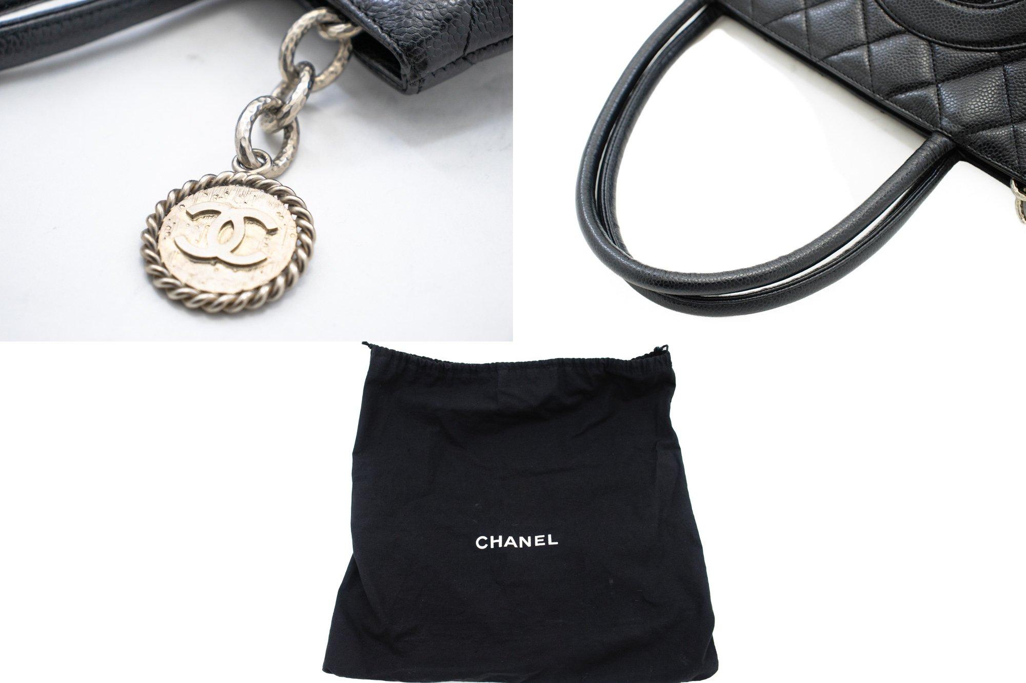 CHANEL Silver Medallion Caviar Shoulder Shopping Tote Bag Black SV 3