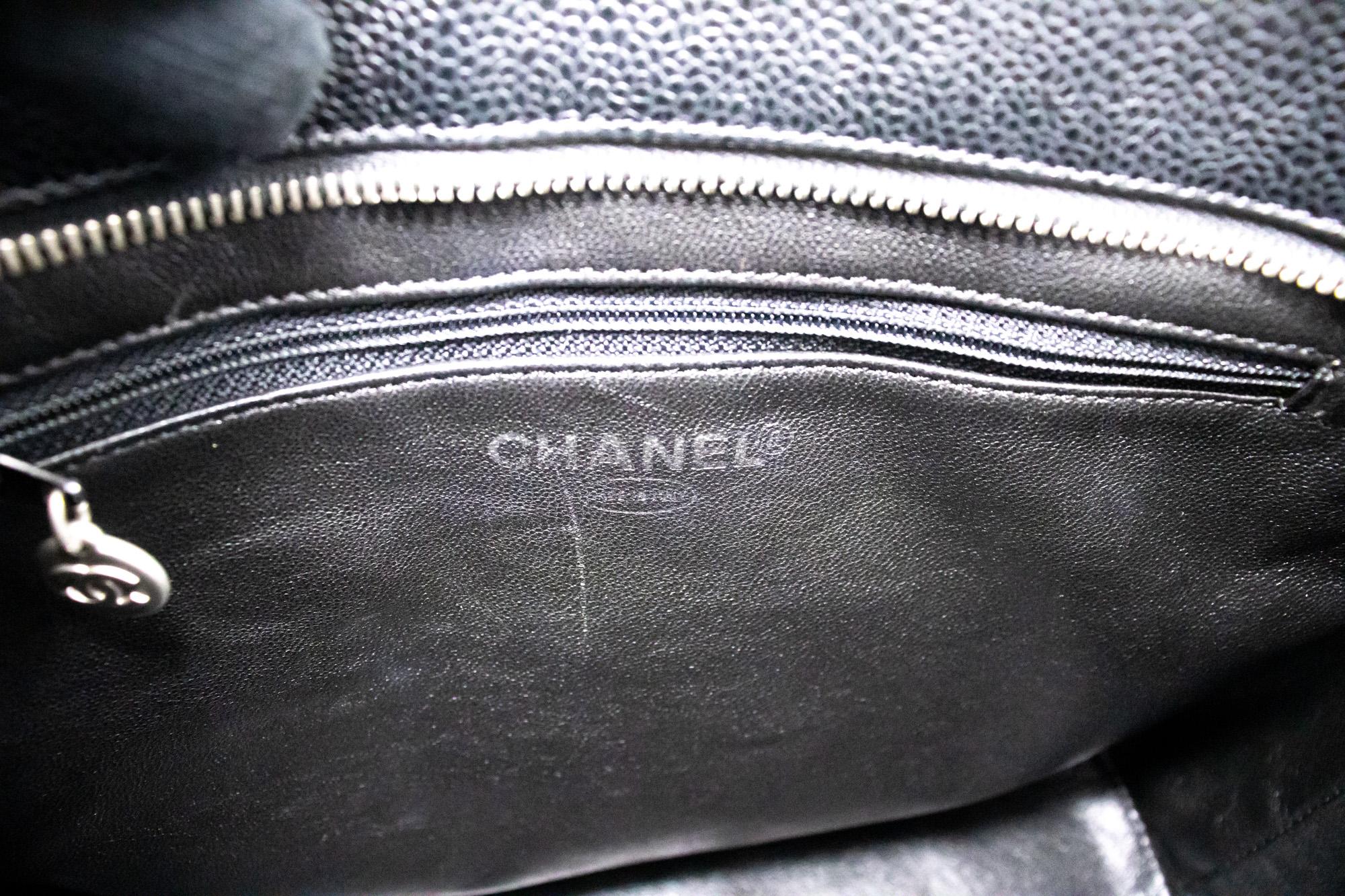 CHANEL Silver Medallion Caviar Shoulder Shopping Tote Bag Black SV 4