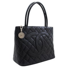 CHANEL Silver Medallion Caviar Shoulder Shopping Tote Bag Black SV