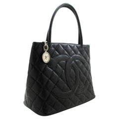 CHANEL Silver Medallion Caviar Shoulder Shopping Tote Bag Black SV