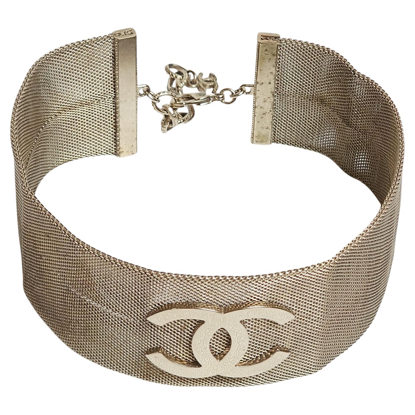 Chanel Silver Mesh CC Logo Choker Necklace