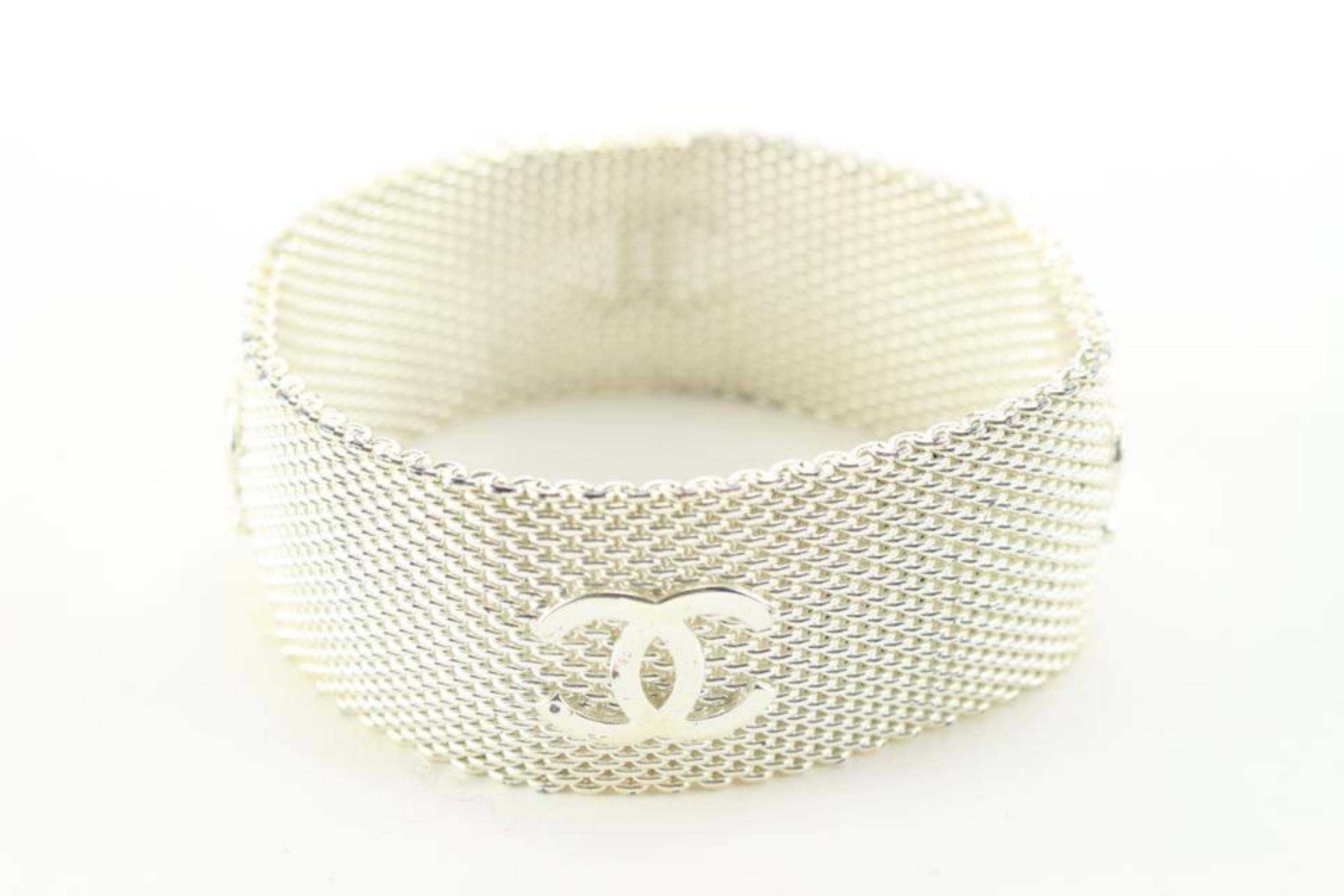 Chanel Silver Mesh Chainlink CC Cuff Bangle Bracelet 34ck811s In Good Condition In Dix hills, NY