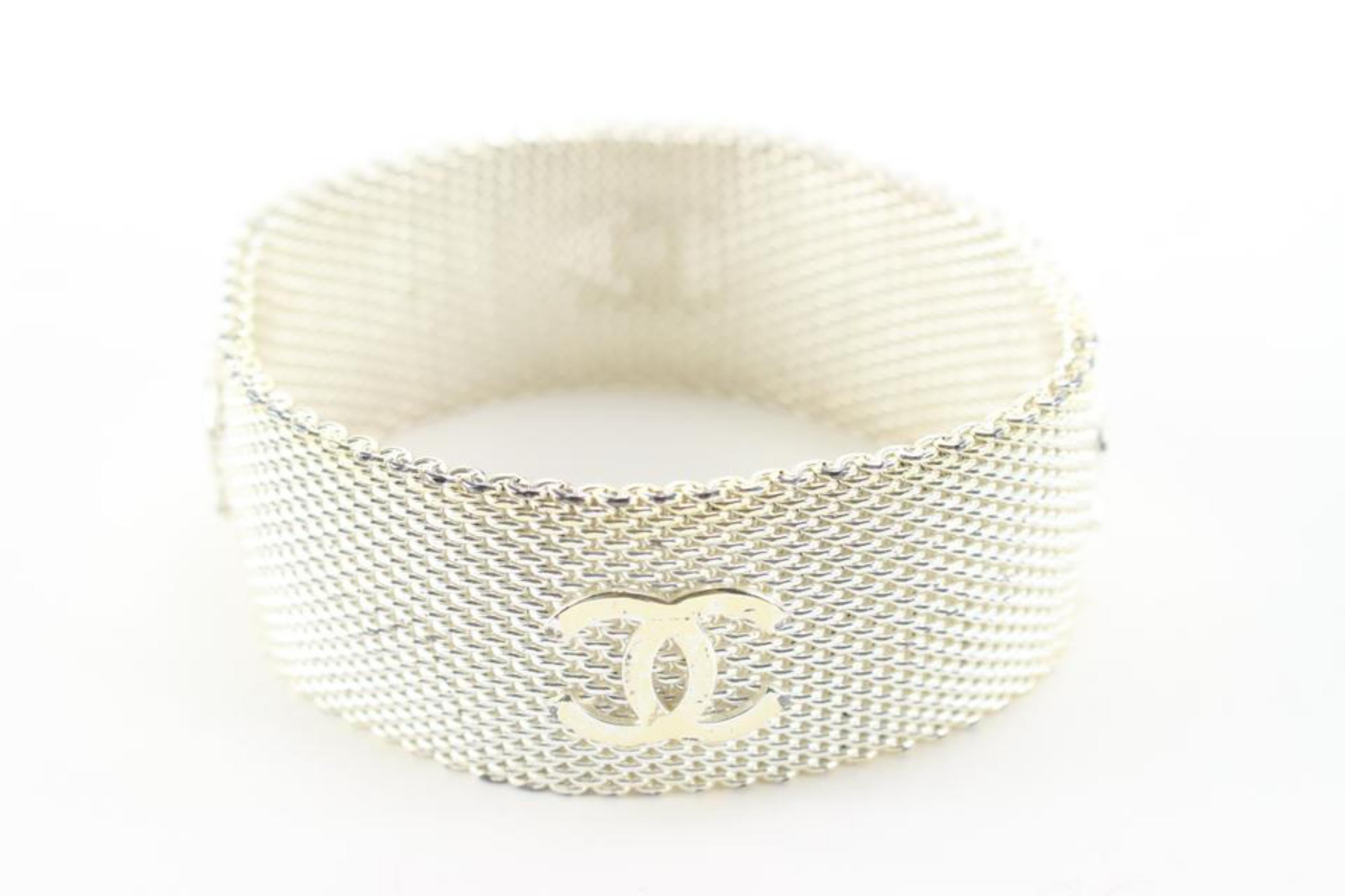 Women's Chanel Silver Mesh Chainlink CC Cuff Bangle Bracelet 34ck811s