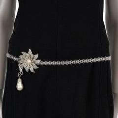 CHANEL silver metal 05A CRYSTAL CAMELLIA CHAIN Belt 85 90