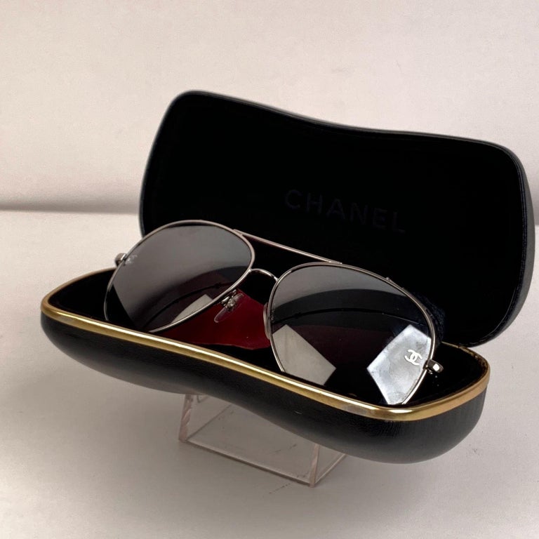 Chanel Silver Metal 4192 Aviator Sunglasses Quilted Leather Sleeves