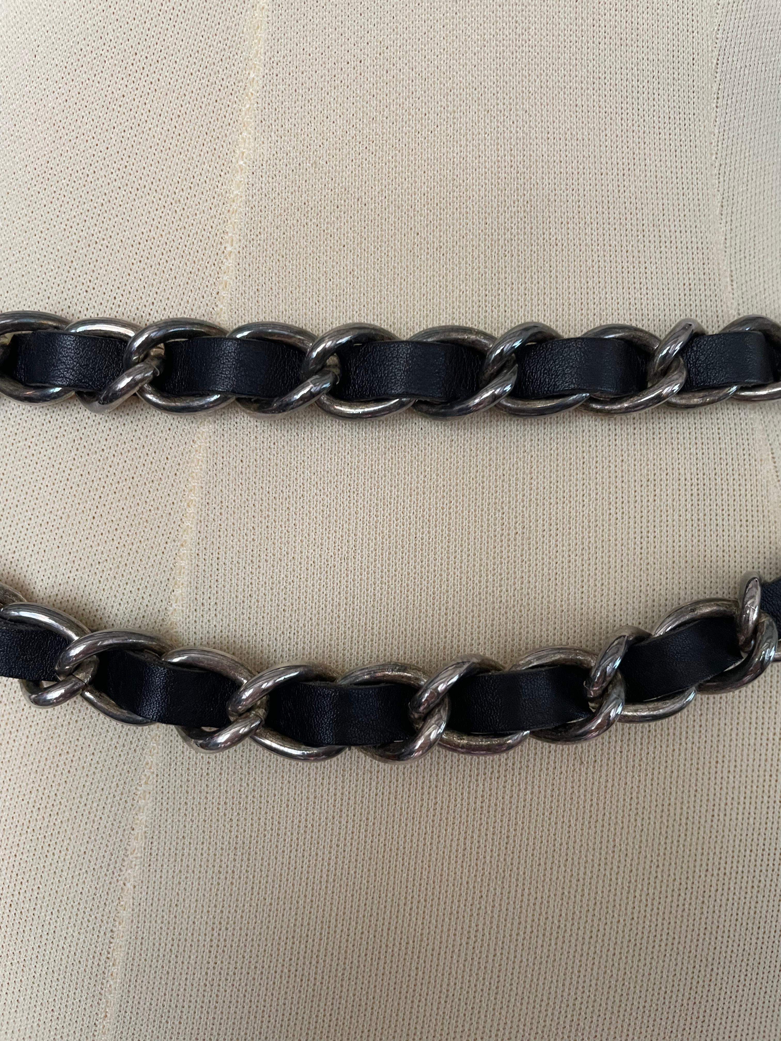 Chanel Silver Metal Belt Chain Black Leather Woven 1995 For Sale 2