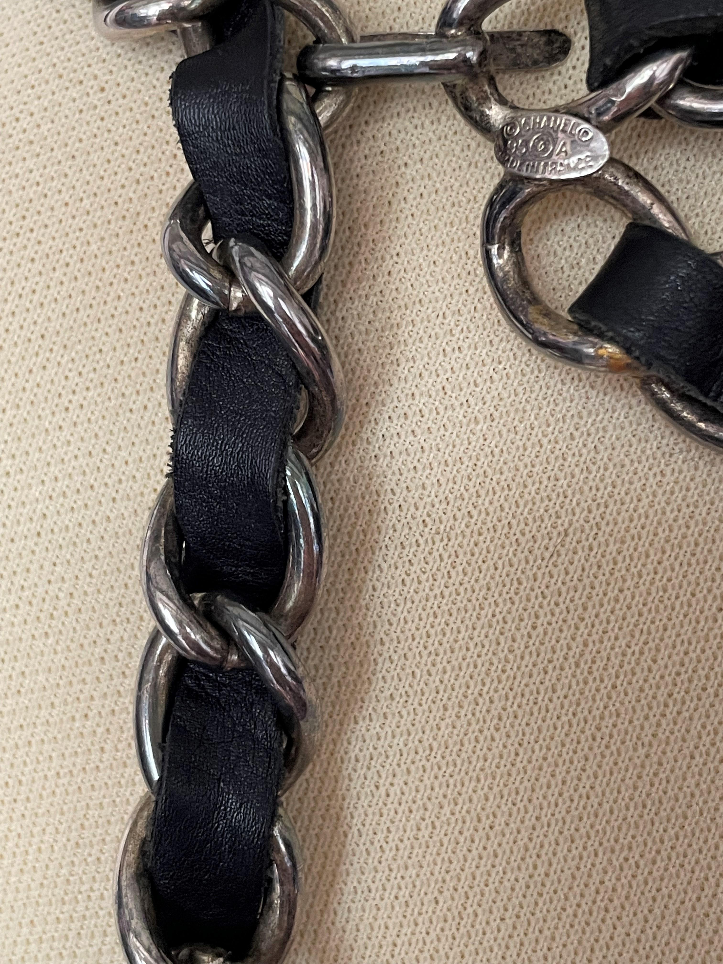 Chanel Silver Metal Belt Chain Black Leather Woven 1995 en vente 3