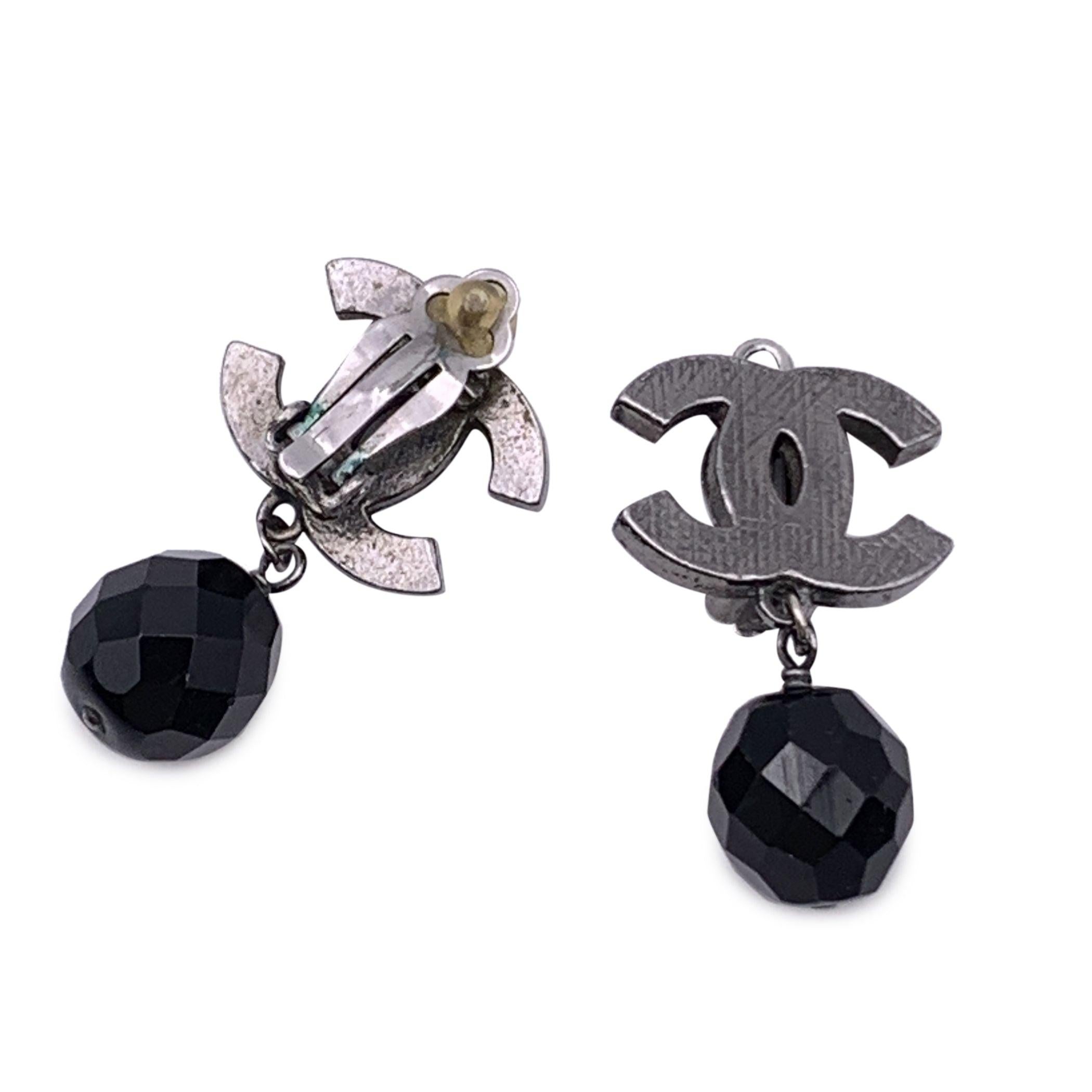 Women's Chanel Silver Metal CC Logo Black Faceted Beads Drop Clip On Earrings