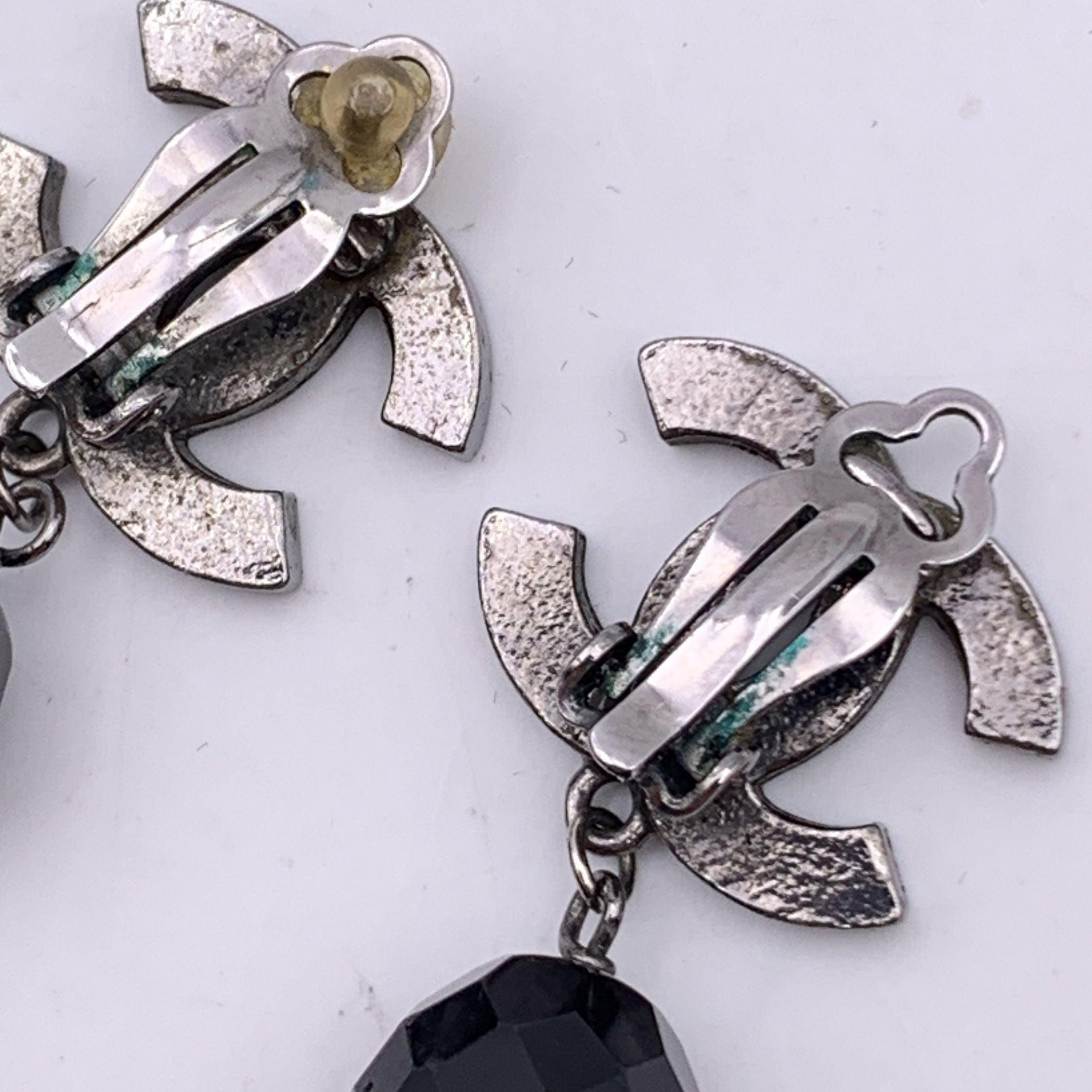 Chanel Silver Metal CC Logo Black Faceted Beads Drop Clip On Earrings 1