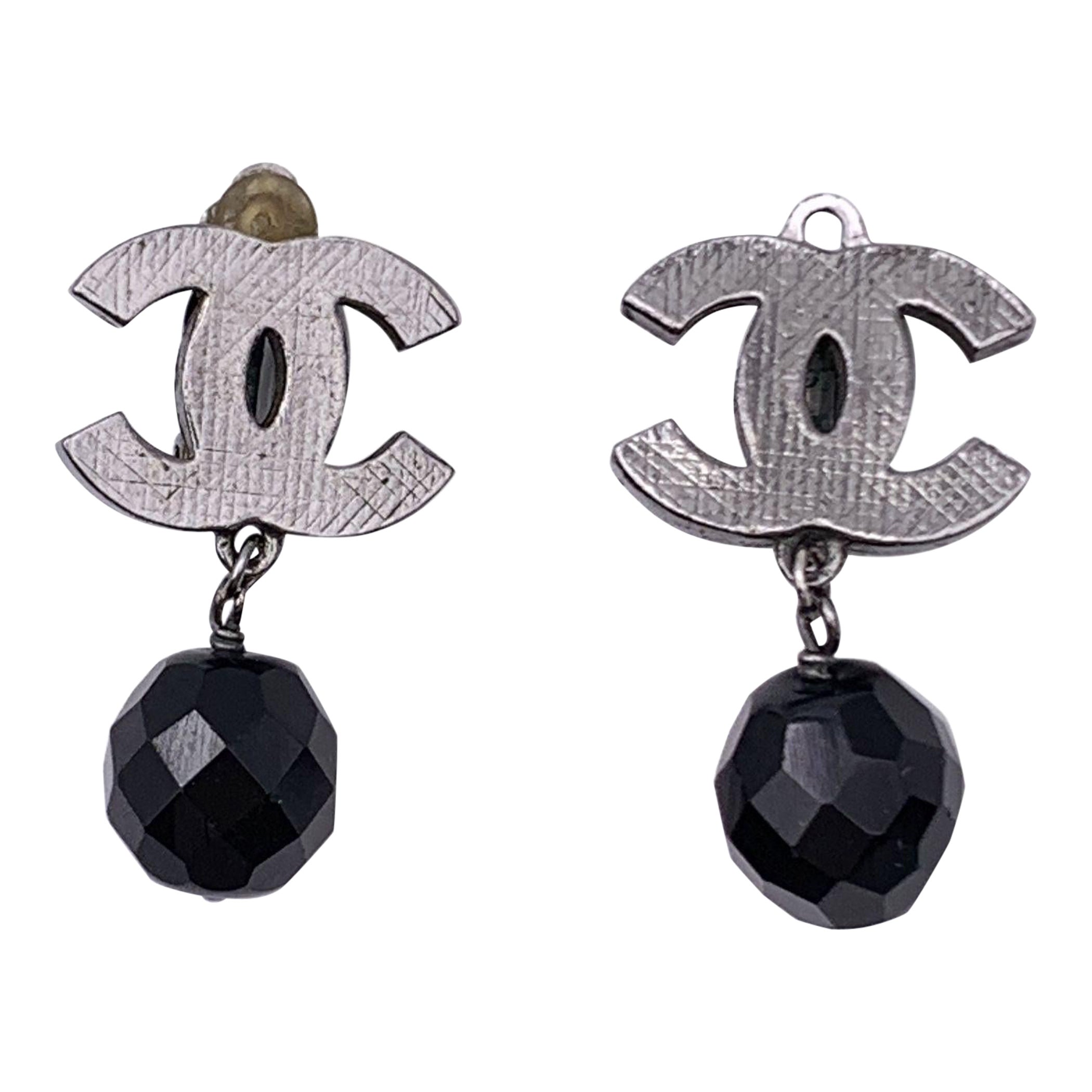 Chanel Silver Metal CC Logo Black Faceted Beads Drop Clip On Earrings
