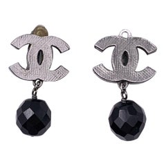 Chanel Silver Metal CC Logo Black Faceted Beads Drop Clip On Earrings