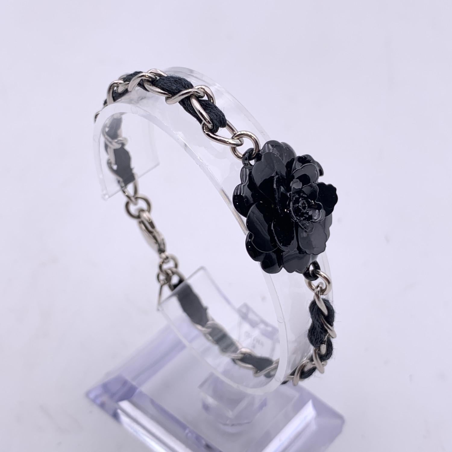 Women's Chanel Silver Metal Chain Leather Bracelet Black Camellia