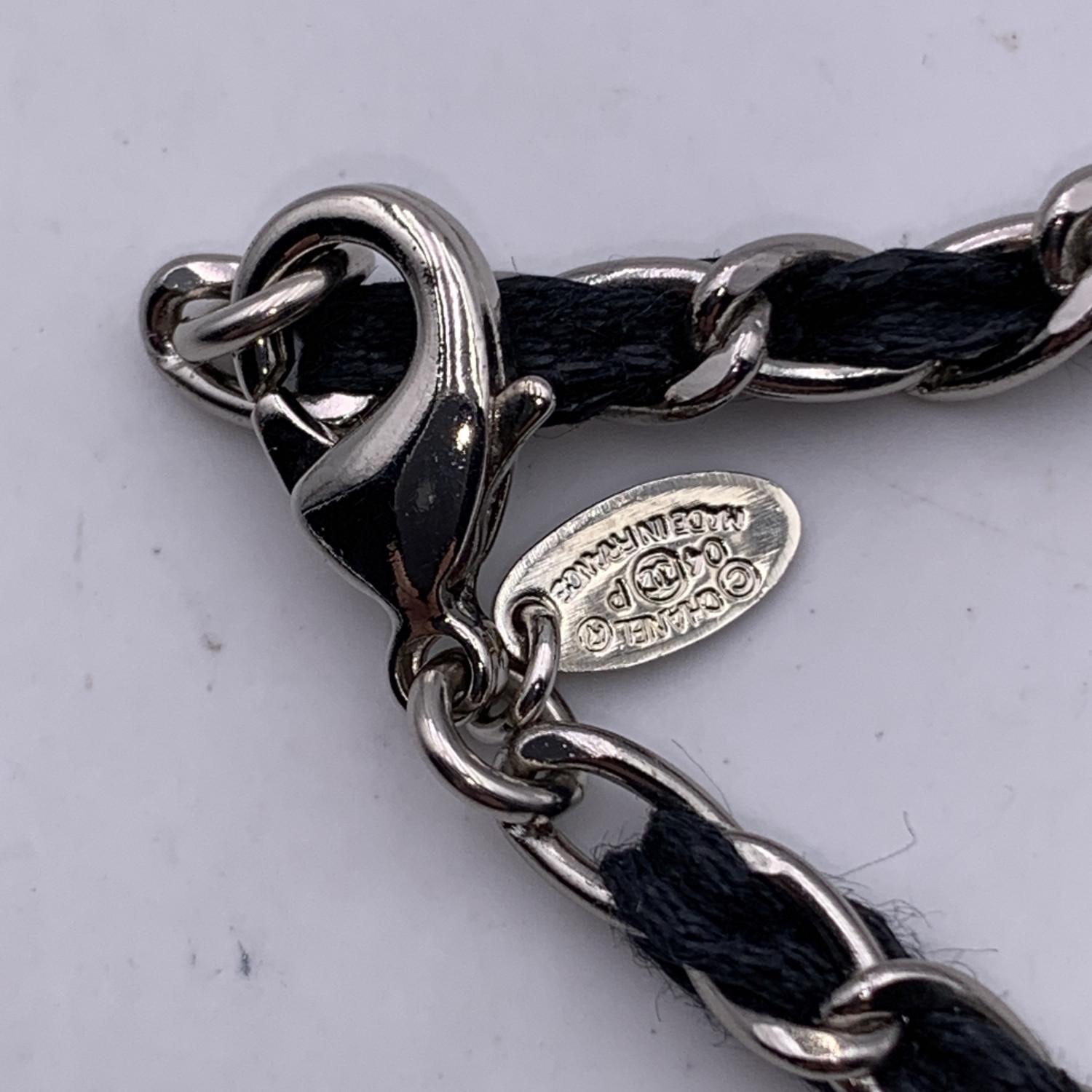 Chanel Silver Metal Chain Leather Bracelet Black Camellia 1
