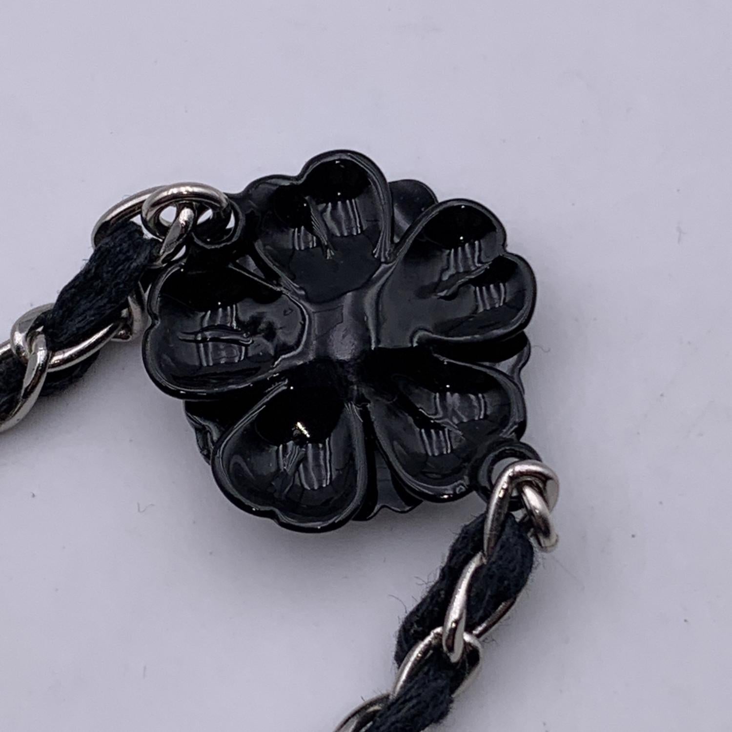 Chanel Silver Metal Chain Leather Bracelet Black Camellia 2