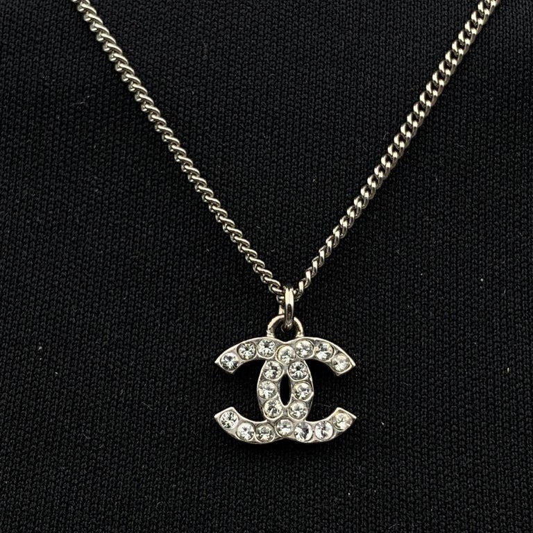 Chanel Silver Metal Chain Necklace CC Logo Pendant with Crystals For ...