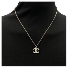 Chanel Silver Metal Chain Necklace CC Logo Pendant with Crystals