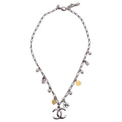Chanel Silver Metal Chain Necklace with Charms CC Logo Pendant Chanel Silver Metal Chain Necklace with Charms CC Logo Pendant
