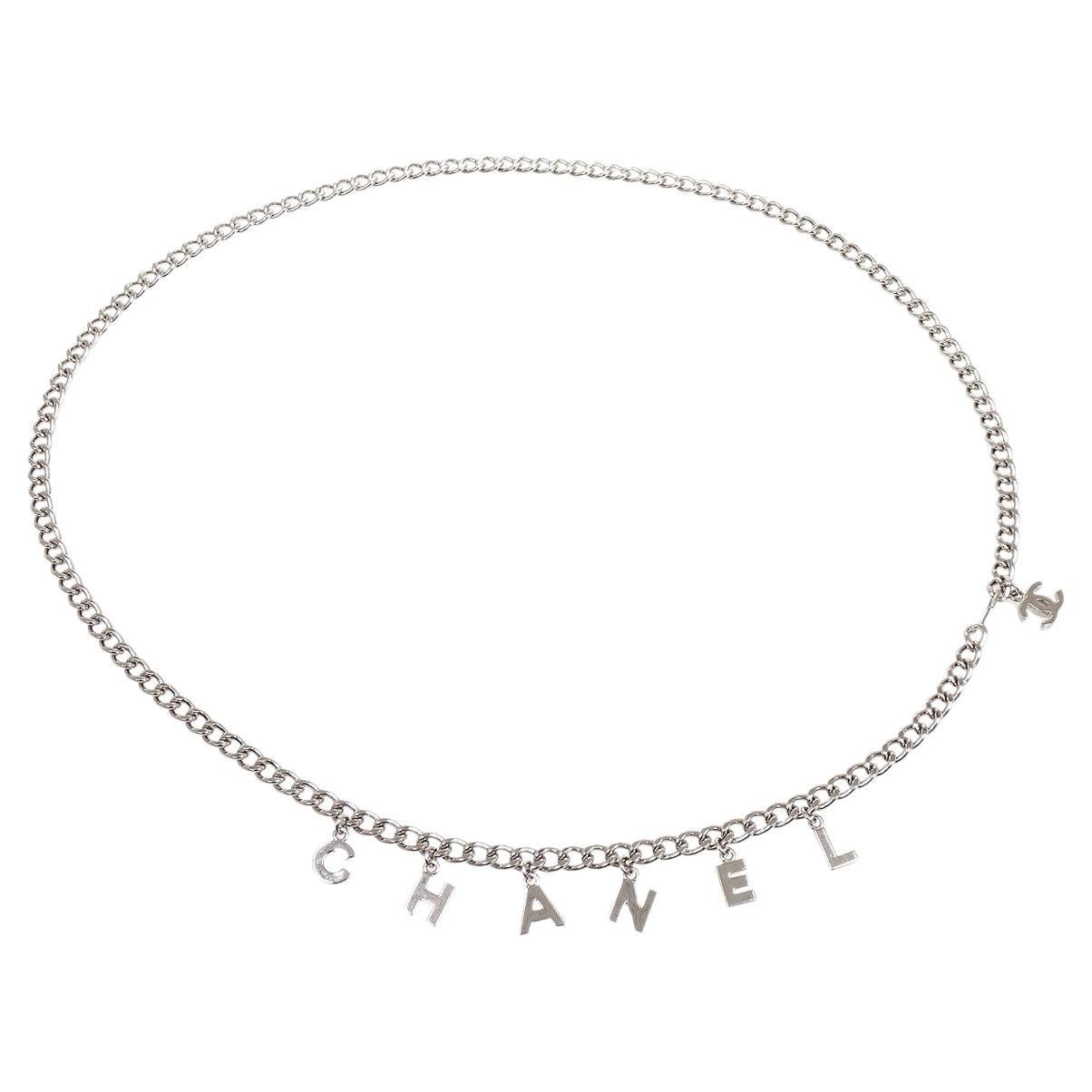 CHANEL Silver Metal 'CHANEL' CC Logo Charm Chain Waist Belt 