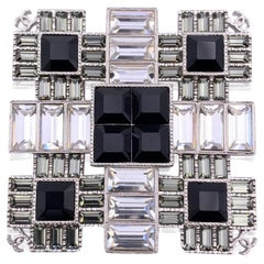 Chanel Silver Metal Clear Black Crystals Square Brooch Pin