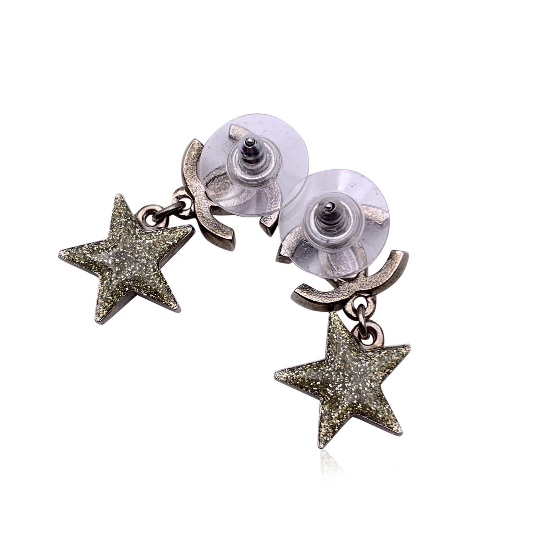 Black Chanel Silver Metal Crystal CC Star Drop Earrings For Pierced Ears