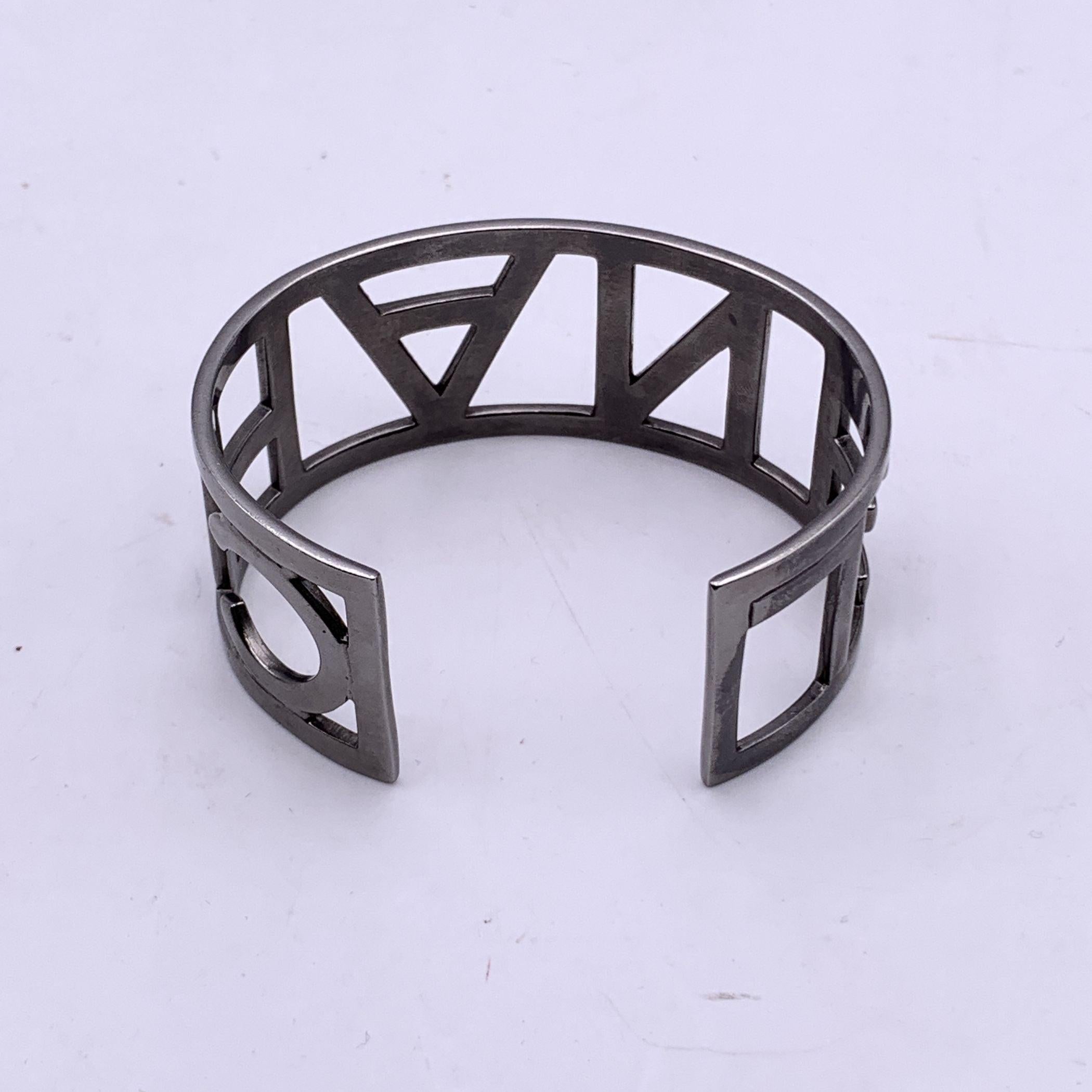 Women's Chanel Silver Metal Logo Letter Cuff Bangle Bracelet For Sale