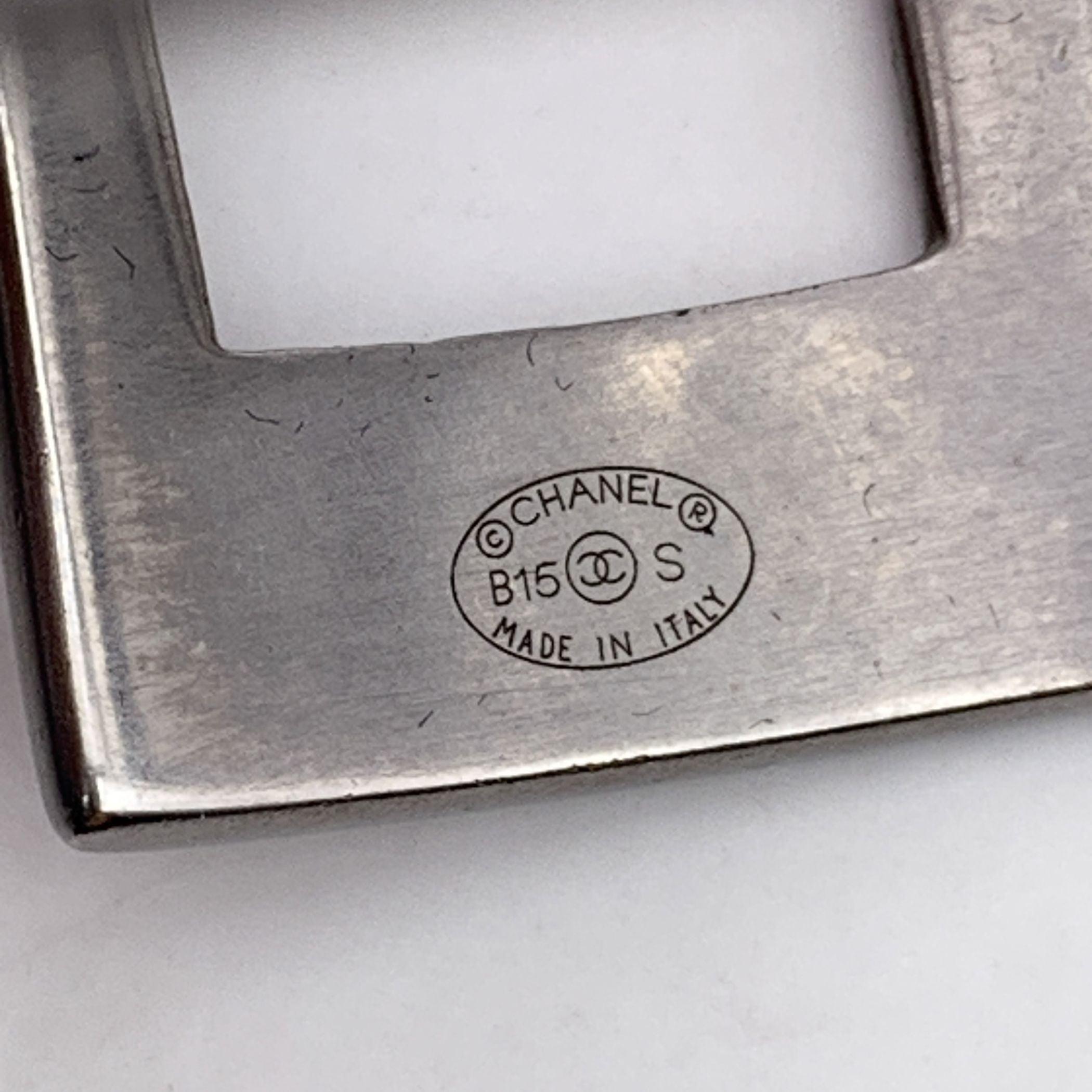 Chanel Silver Metal Logo Letter Cuff Bangle Bracelet For Sale 1