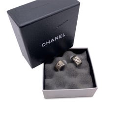 Chanel Silver Metal Semi Hoop CC Logo Earrings Piercing Ears