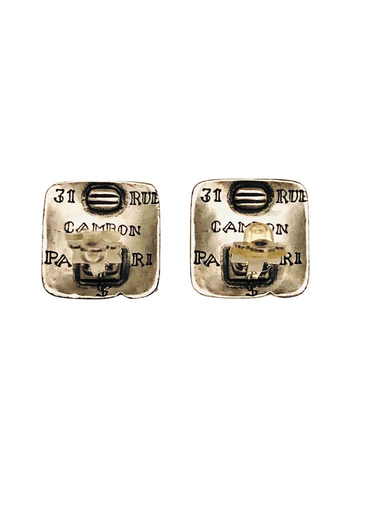 Chanel Silver Metal  Square Clip On Earrings For Sale 1