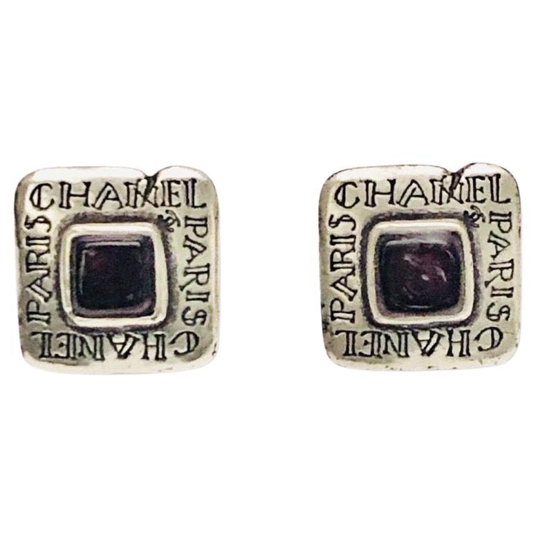 Chanel Silver Metal  Square Clip On Earrings For Sale