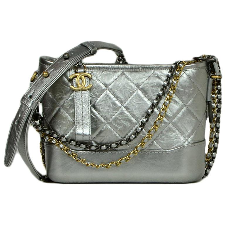 Chanel Silver Metallic Aged Calfskin Quilted Small Gabrielle Hobo
