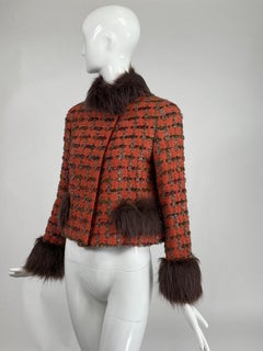 Chanel Silver Metallic & Brick Red Tweed Faux Fur Trimmed Jacket