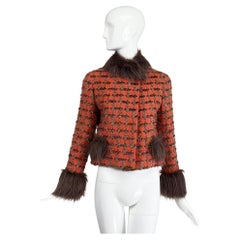 Chanel Silver Metallic & Brick Red Tweed Faux Fur Trimmed Jacket 