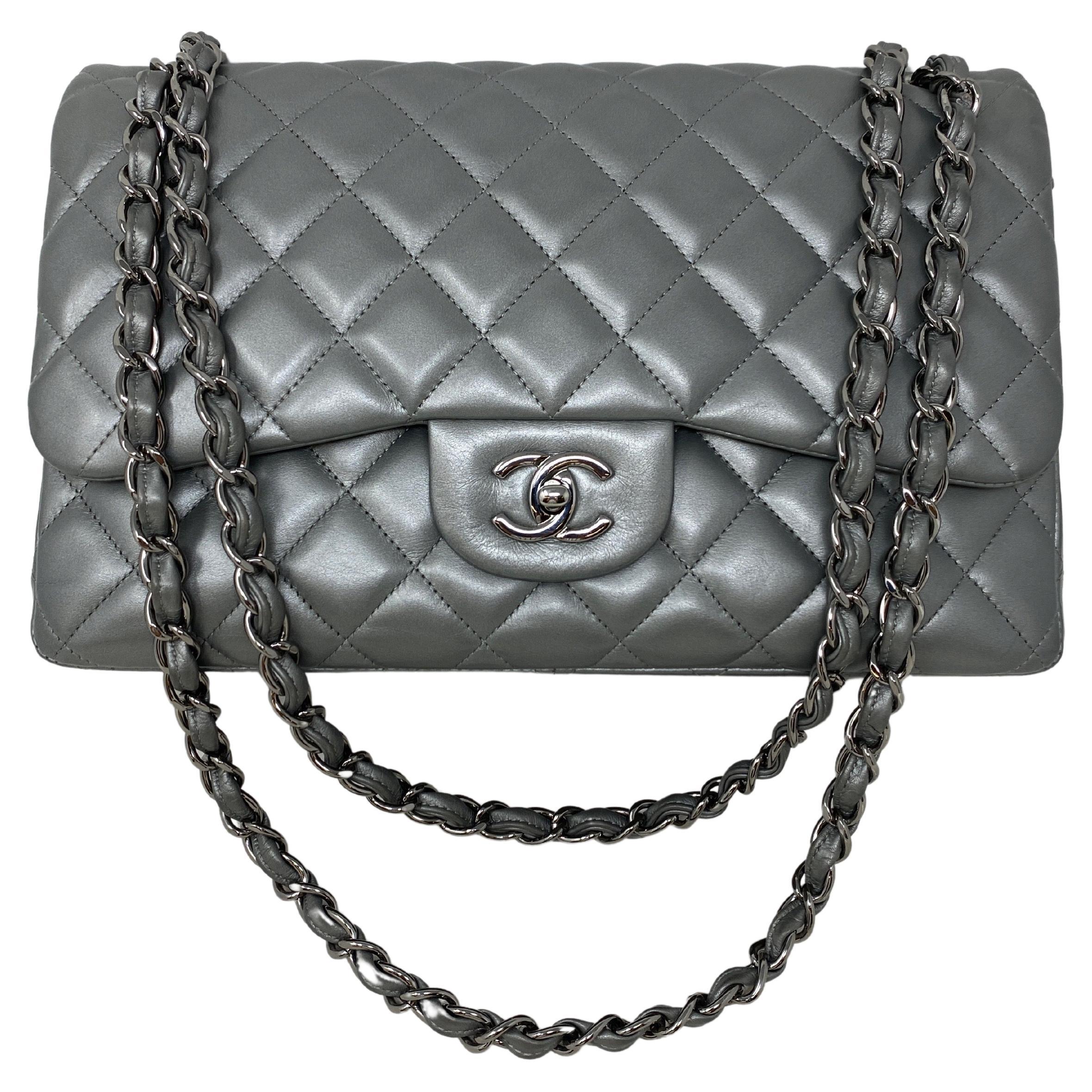 Chanel Silver Metallic Jumbo Bag  For Sale