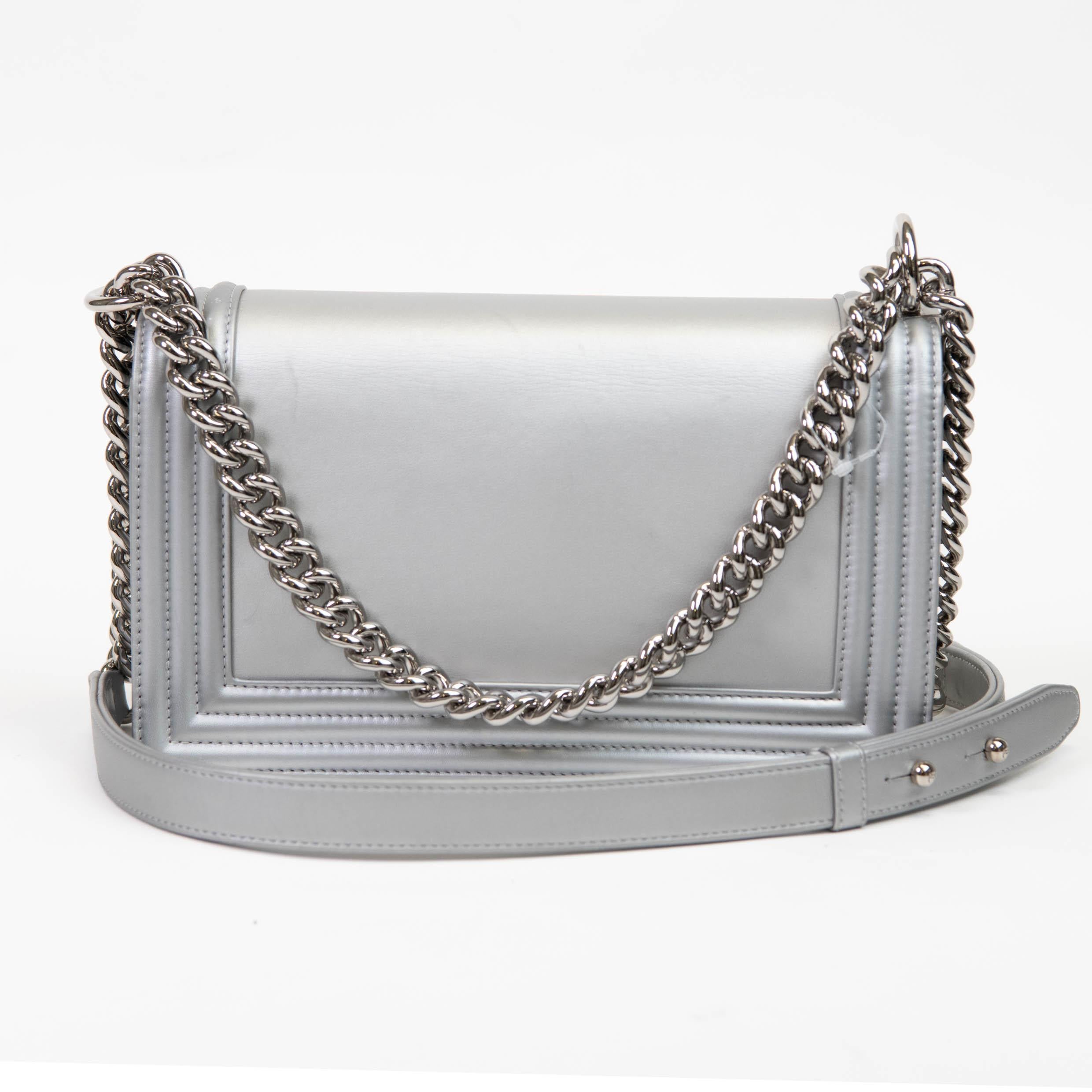 Chanel Silver Metallic Lambskin LED Medium Boy Flap In Good Condition In Corona Del Mar, CA