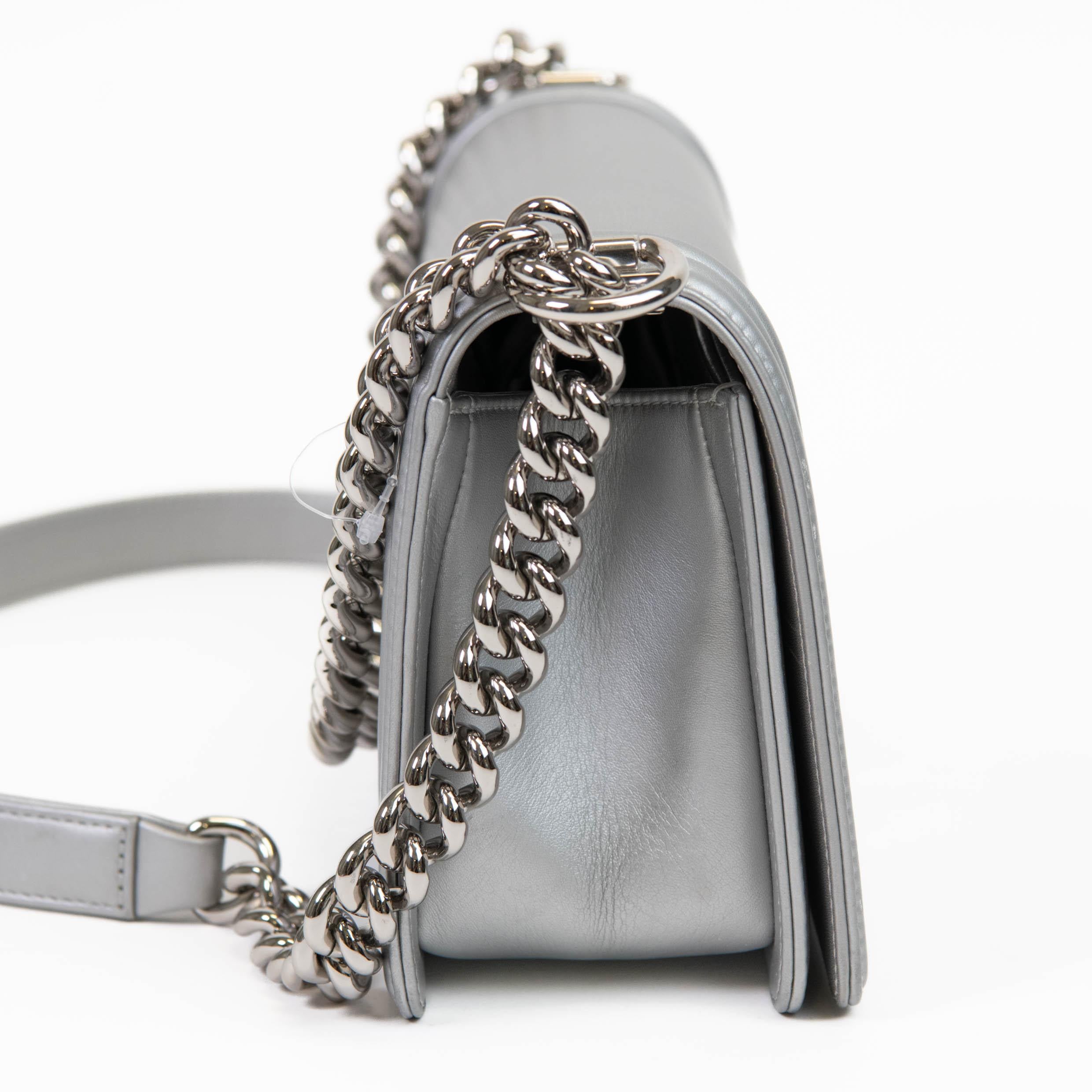 Women's or Men's Chanel Silver Metallic Lambskin LED Medium Boy Flap