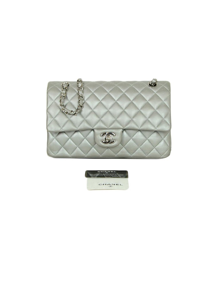 Chanel Medium Classic Double Flap Bag Silver Metallic Lambskin Silver  Hardware