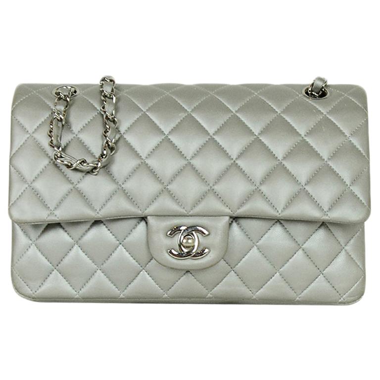 Chanel Silver Metallic Lambskin Quilted 10 Medium Double Flap Classic Bag  For Sale at 1stDibs