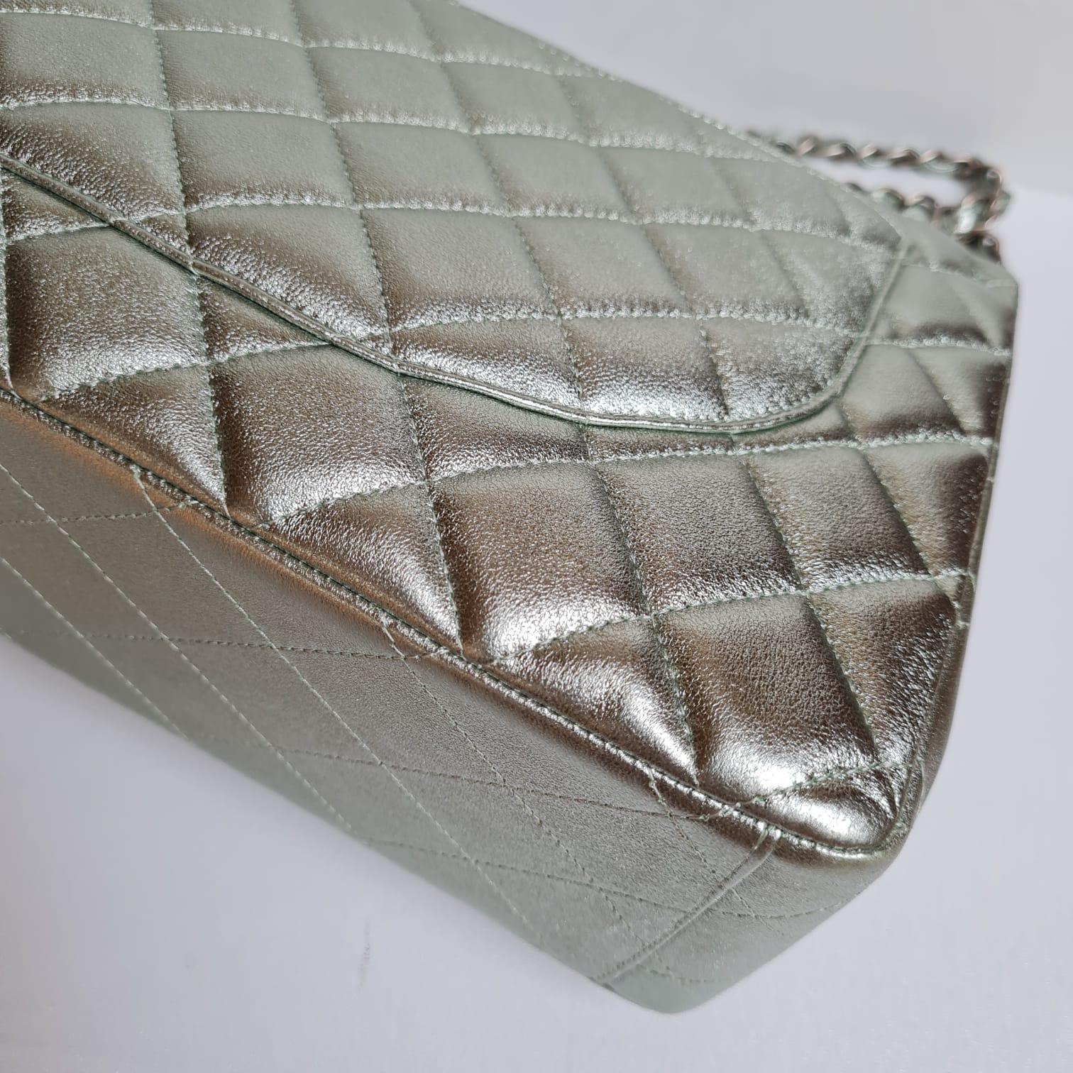 Chanel Silver Metallic Lambskin Quilted Maxi Double Flap Bag 8