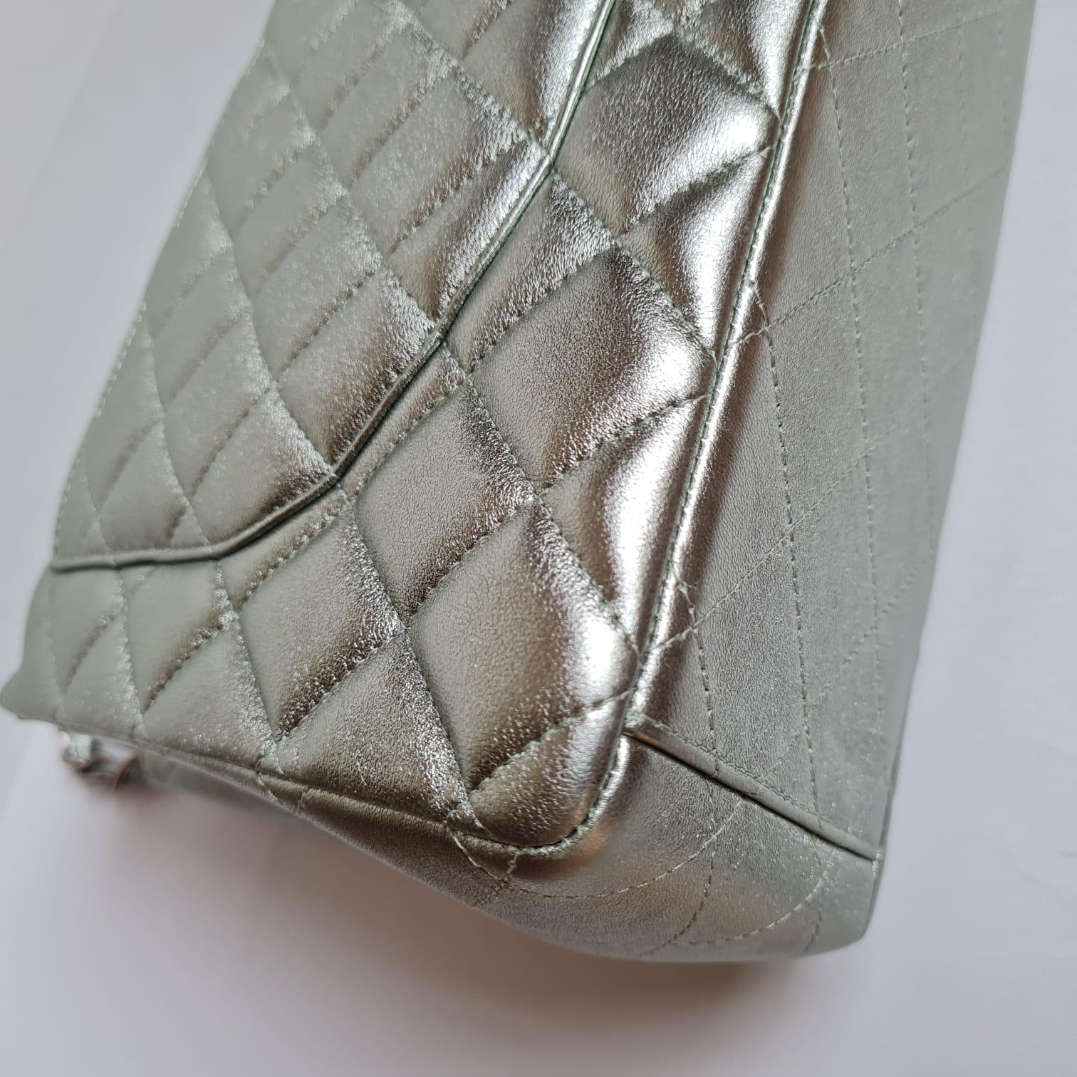 Chanel Silver Metallic Lambskin Quilted Maxi Double Flap Bag 9