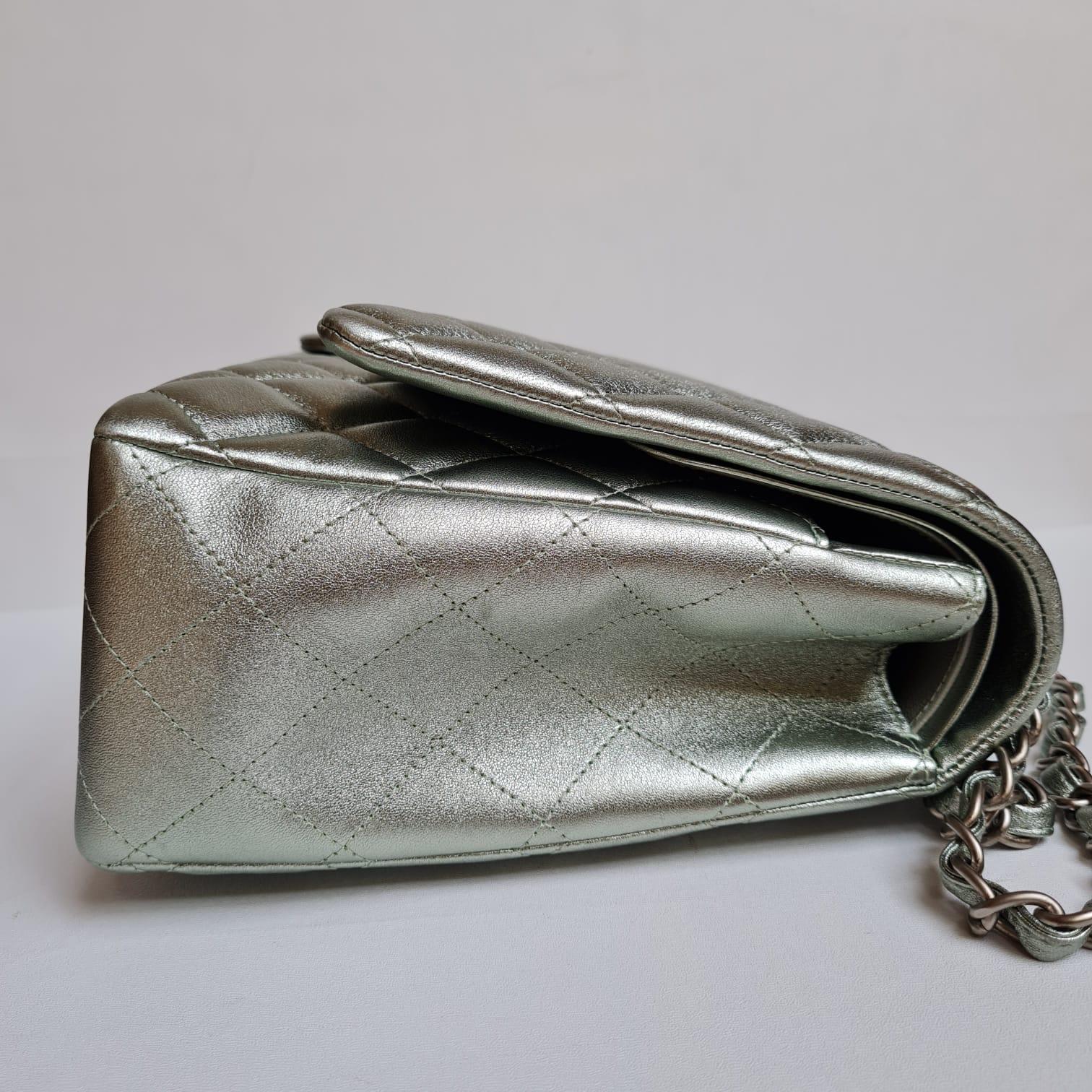 Chanel Silver Metallic Lambskin Quilted Maxi Double Flap Bag 11