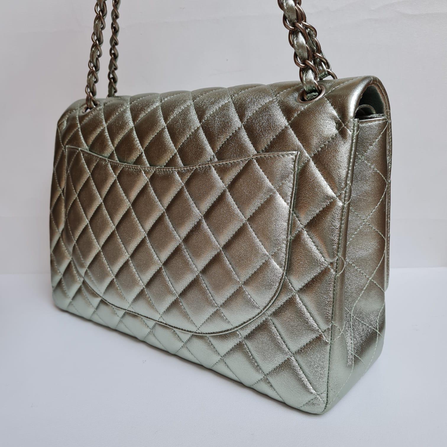 Chanel Silver Metallic Lambskin Quilted Maxi Double Flap Bag 14