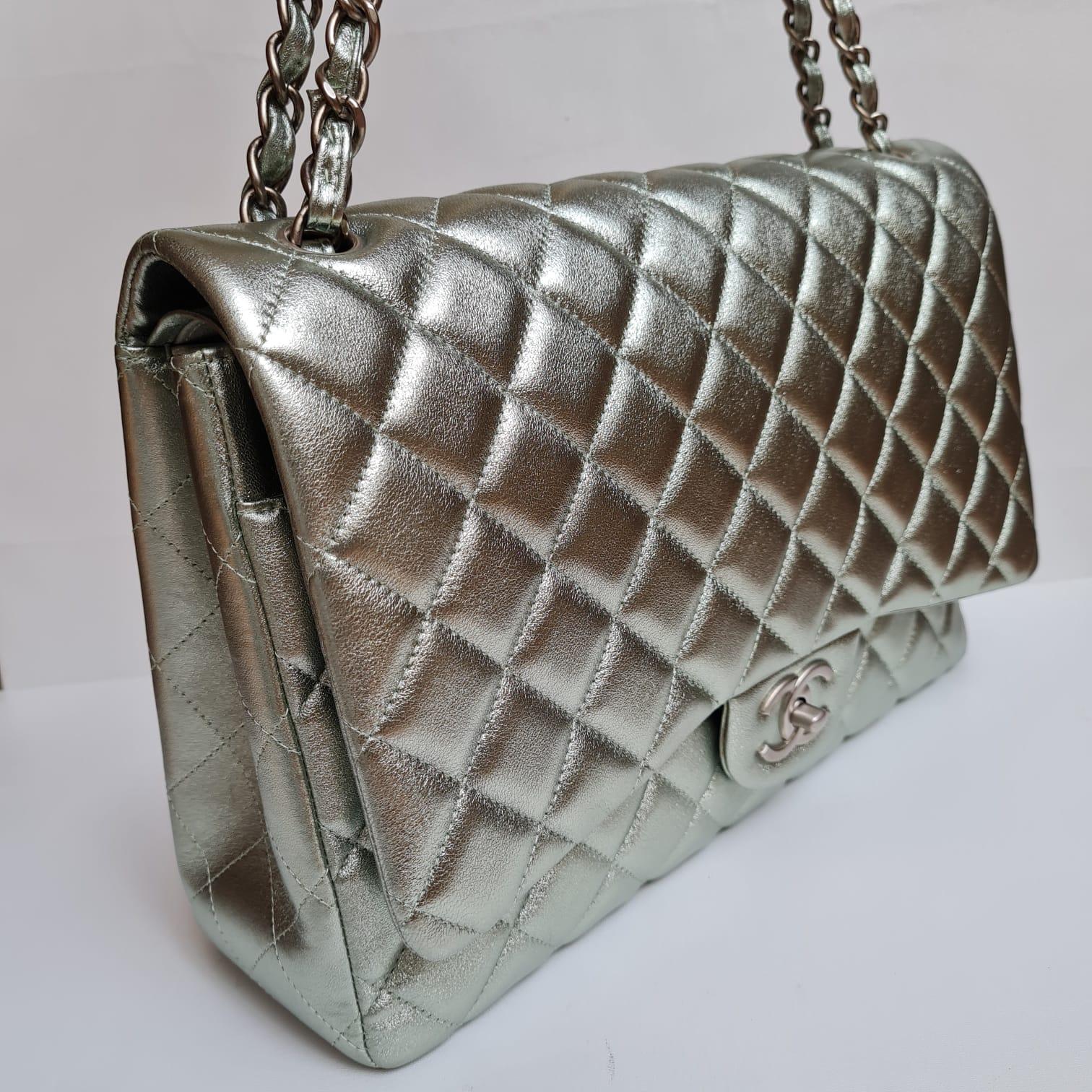 Chanel Silver Metallic Lambskin Quilted Maxi Double Flap Bag 15