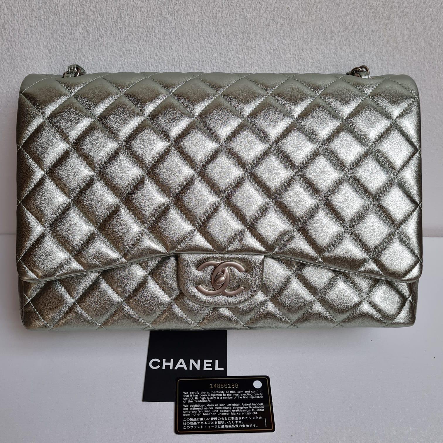 Women's Chanel Silver Metallic Lambskin Quilted Maxi Double Flap Bag